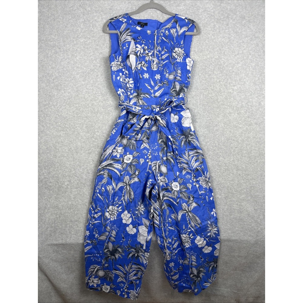J.Crew Ratti Linen Wide Leg Cropped Jumpsuit Womens 0 Blue Sleeveless Belted